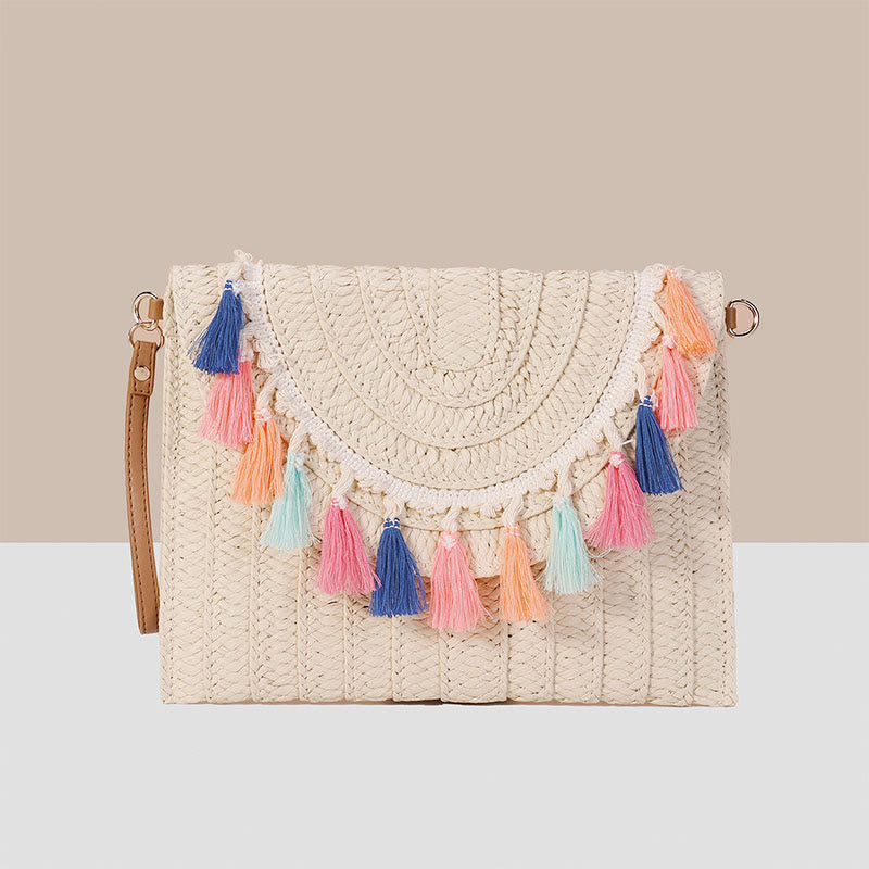 Tassel Beach Clutch for Women Raffia Woven Envelop Bag with Shoulder Strap