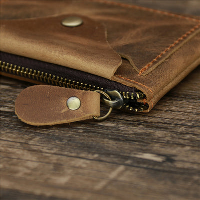 Small Leather Coin Purse Brown Ultra Thin Zipper Card Holder