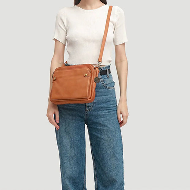 Vintage Three Layer Leather Crossbody Shoulder Bag For Women