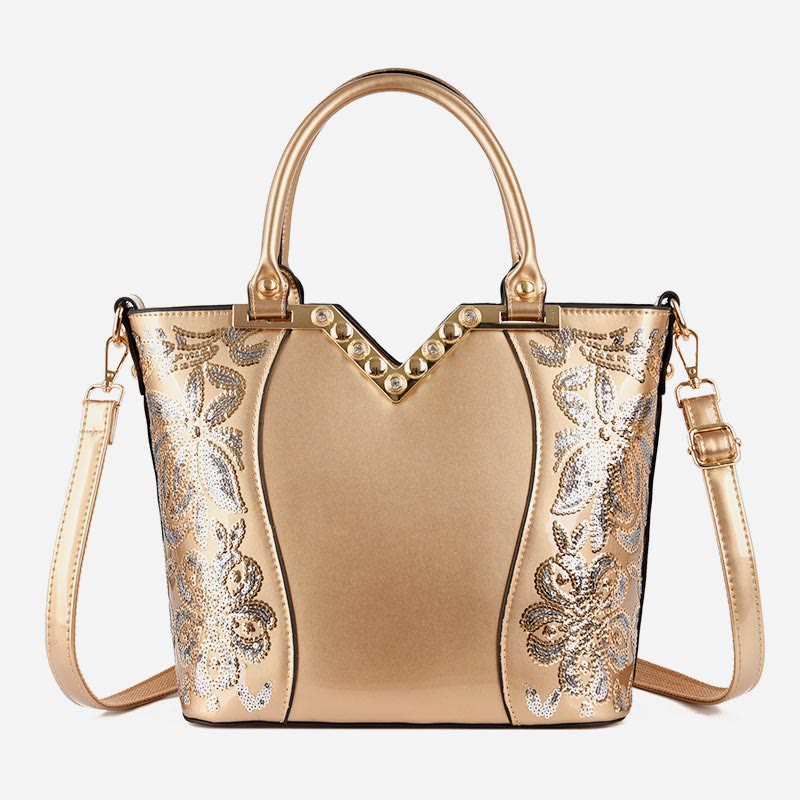 Tote Bag For Women Embroidered Sequin Diamond Patent Leather Handbag