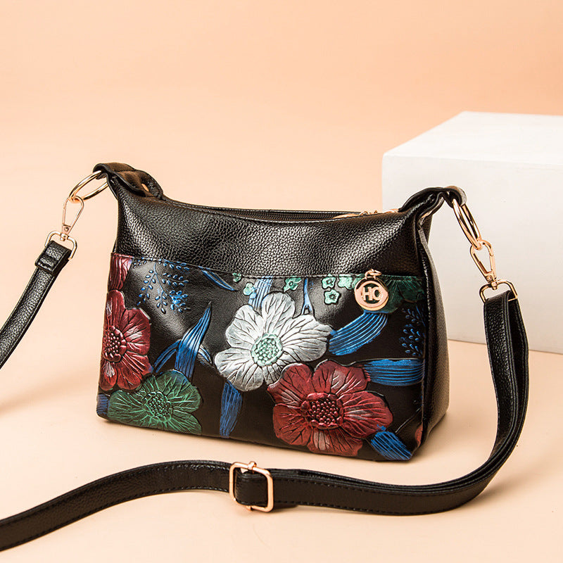 Floral Emblossing Crossbody Bag For Women Classic Leather Purse