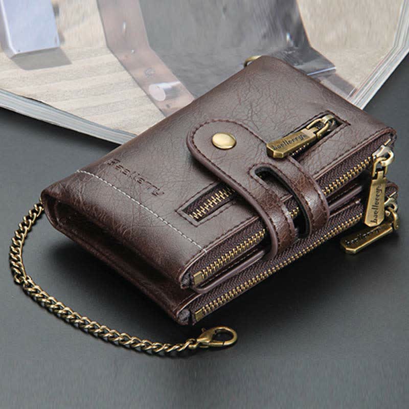 Trifold Leather Wallet for Men Coin Purse Snap Zip Wallet with Chain