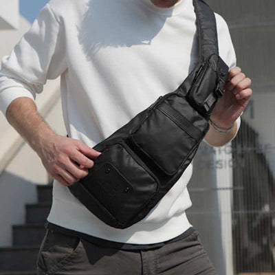 Sling Bag for Men Black Large Capacity Minimalist Oxford Crossbody Backpack