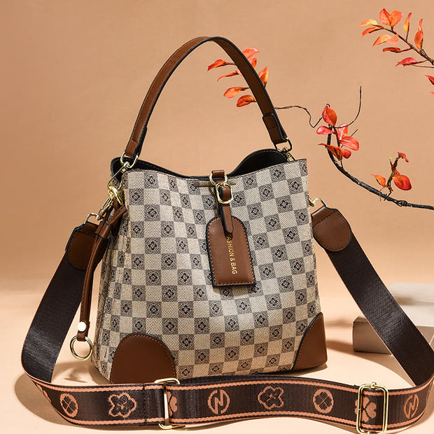 Women Large Bucket Bag Plaid Vegan Leather Crossbody Handbag