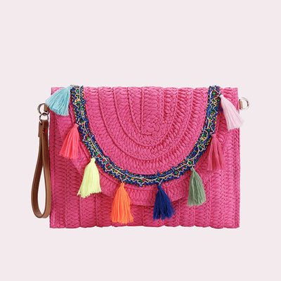 Tassel Beach Clutch for Women Raffia Woven Envelop Bag with Shoulder Strap