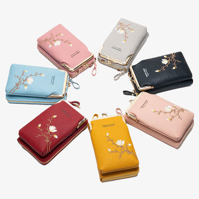 Elegant Embroidered Phone Bag Women Mini Crossbody Leather Purse