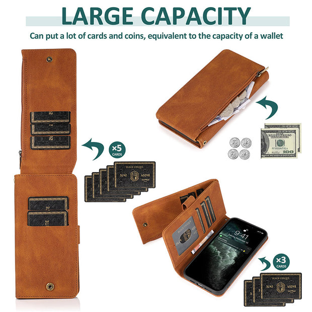 Wallet Case for iPhone Samsung Durable Flip Lanyard Strap Wristlet Zipper Card Holder