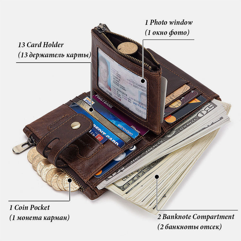 Multifunctional Genuine Leather RFID Bifold Wallet