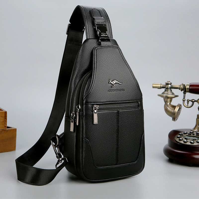 Multiple Pockets Leather Sling Chest Bag for Men with USB Charging Port