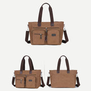 Multi-Pocket Tote Handbag for Women Men Retro Canvas Laptop Bag