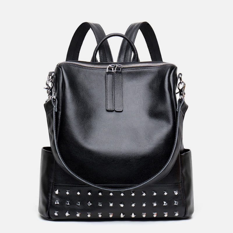 Fashion Rivet Backpack Genuine Leather Double Shoulder Strap Roomy Bag