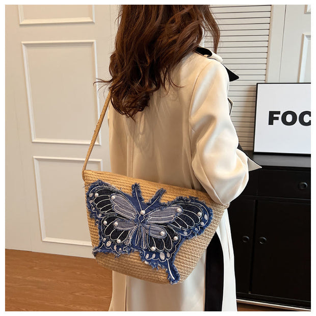 Embroidery Butterfly Shoulder Bag Cotton Linen Crossbody Purse For Women