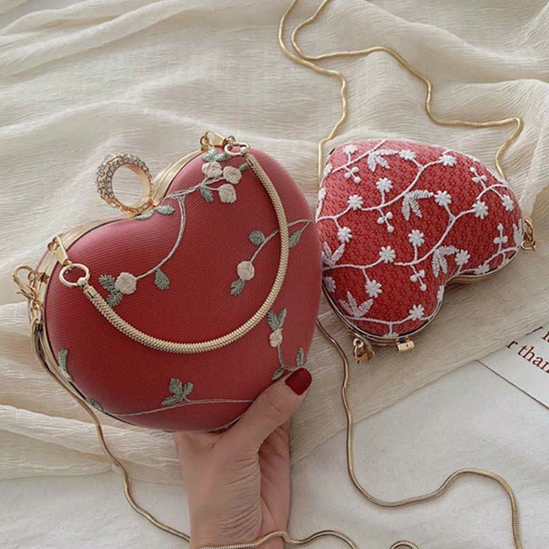 Floral Embroidered Handbag Heart Shaped Evening Bag Clutch with Gold Chain