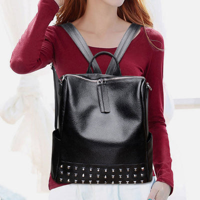 Fashion Rivet Backpack Genuine Leather Double Shoulder Strap Roomy Bag