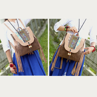 Backpack For Women Ethnic Style Printing Tassel Leather Daypack