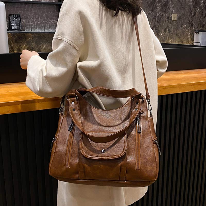 Double Large Compartment Tote Hobo Bag Leather Handbag with Crossbody Strap