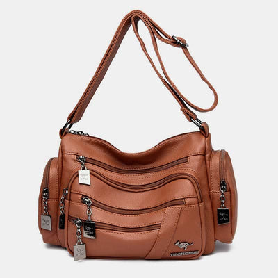 Multi-Pocket Leather Crossbody Bag Large Capacity Satchel Daypack Shoulder Bag