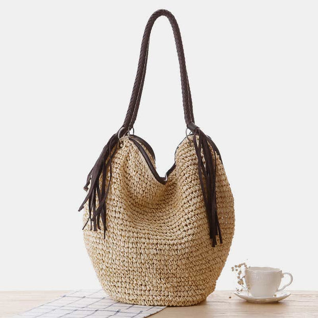 Large Soft Hand-Woven Straw Boho Bag Shoulder Tote Rattan Beach Bag