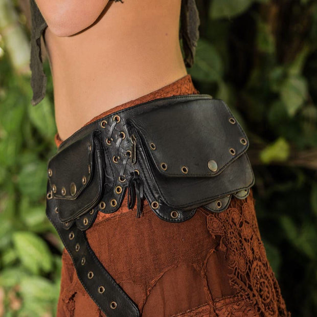 Waist Bag For Women Vintage Riveted Zipper Adjustable Belt Satchel
