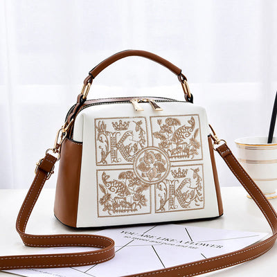 Top-Handle Bag For Women Embroidered Leather Portable Crossbody Shoulder Bag