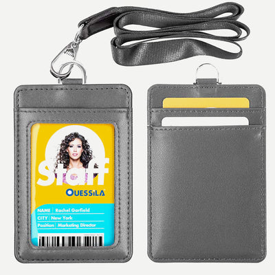 Genuine Leather ID Badge Holder with Vertical Clear ID Window Neck Lanyard