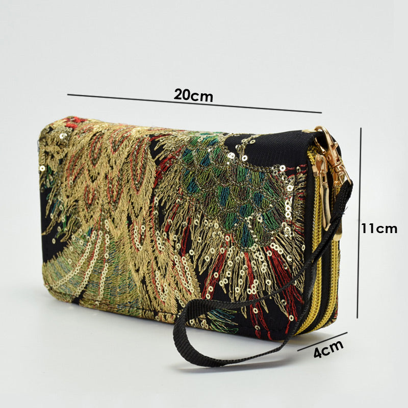 Vintage National Peacock Embroidery Long Wallet Clutch Bag