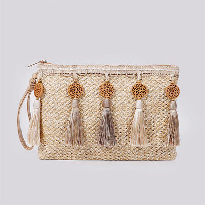 Tassel Beach Clutch for Women Raffia Woven Envelop Bag with Shoulder Strap