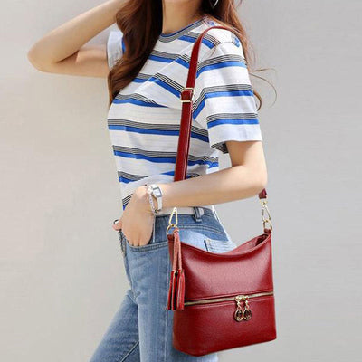 Double Zipper Purse For Women Tassel Solid Color Crossbody Bag