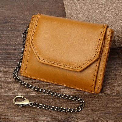 Men's Trifold Wallet Slim Genuine Leather Wallet Card Holder with Chain