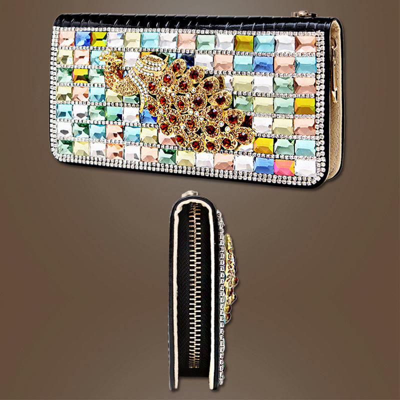 Long Leather Clutch For Women Diamond Encrusted Coin Wallet