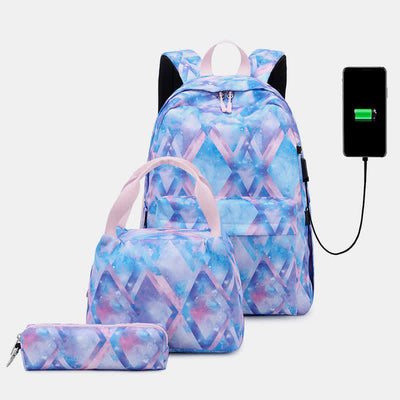 School Backpack Daypack Cute 3-Pcs Schoolbag Set with USB Charging Port