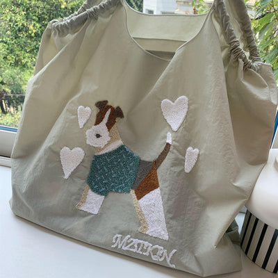 Cute Dog Embroideried Handbag Durable Drawstring Shoulder Bag For Women