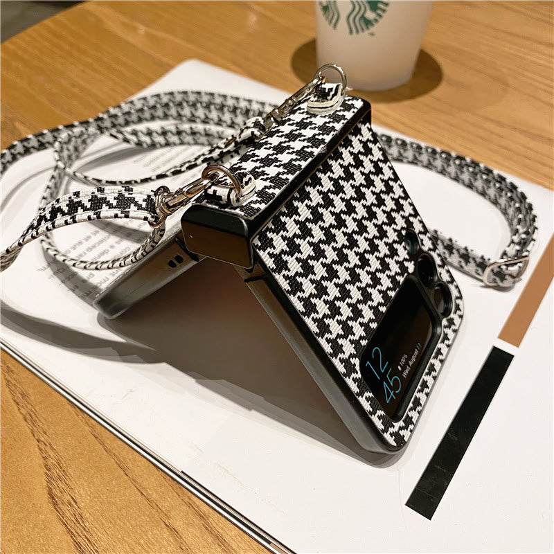 Phone Case for Samsung Galaxy Z Flip Houndstooth Crossbody Strap Case