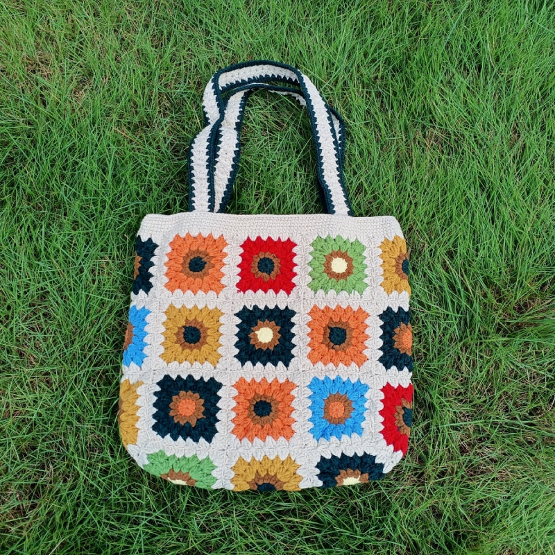 Plaid Shoulder Bag Sweet Colorful Crochet Handbag For Women