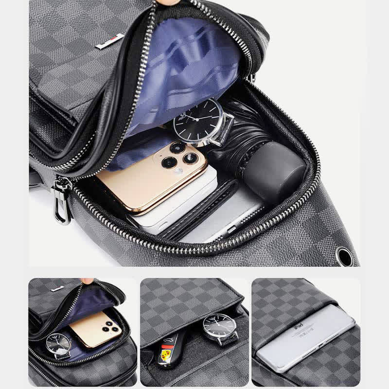 Leather Casual Daypack Sling Shoulder Chest Bag with USB Charging Port