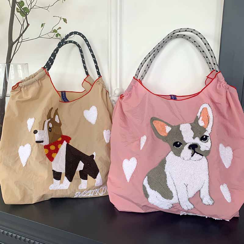 Cute Dog Embroideried Handbag Durable Drawstring Shoulder Bag For Women