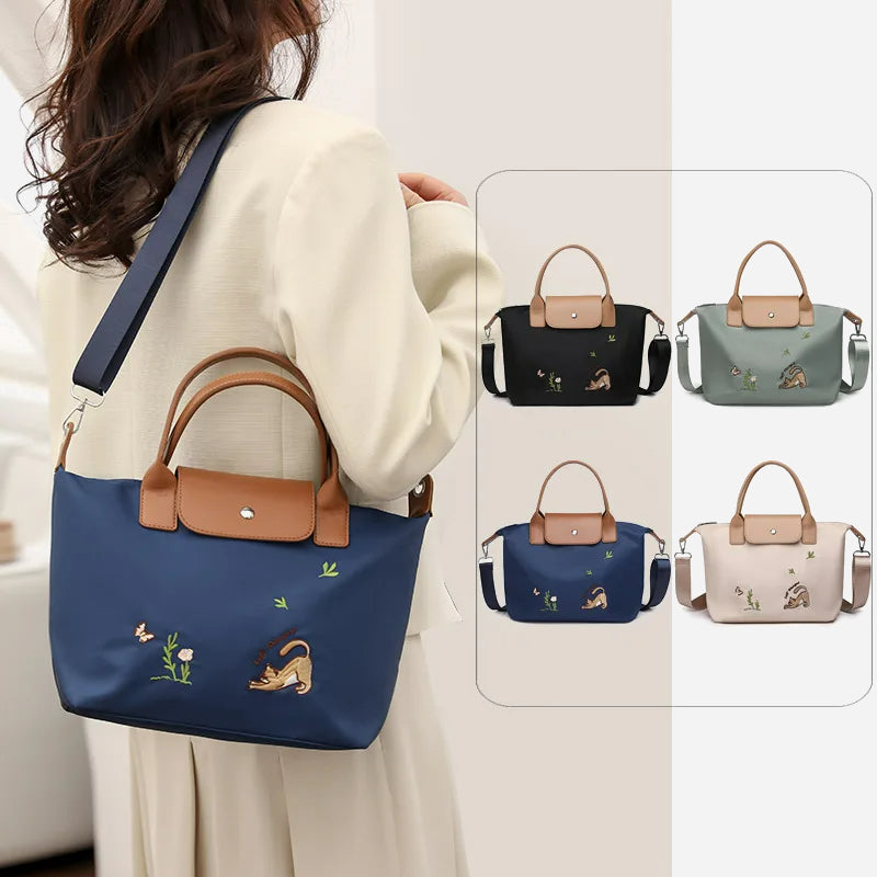 Classic Tote For Women Cute Embroideried Cat Nylon Crossbody Bag