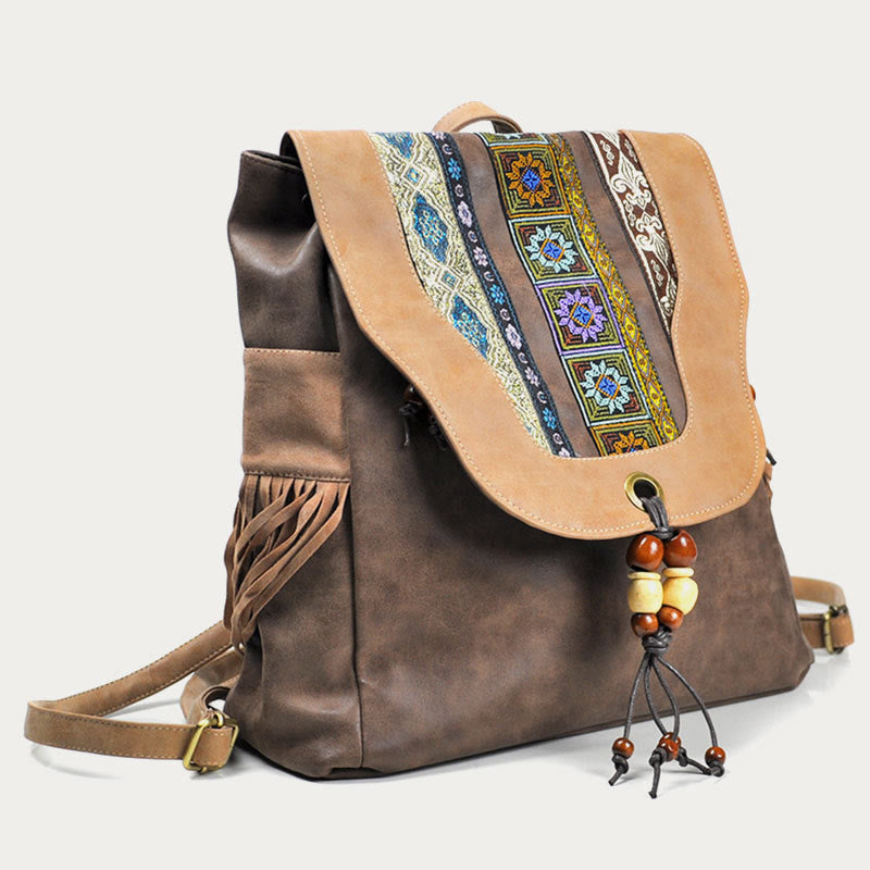 Backpack For Women Ethnic Style Printing Tassel Leather Daypack