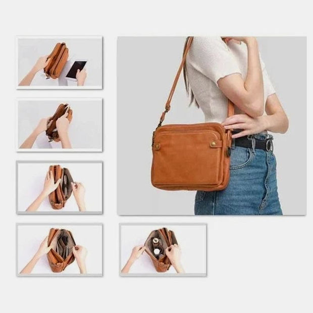 Vintage Three Layer Leather Crossbody Shoulder Bag For Women