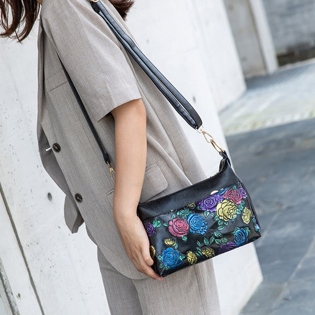 Floral Emblossing Crossbody Bag For Women Classic Leather Purse