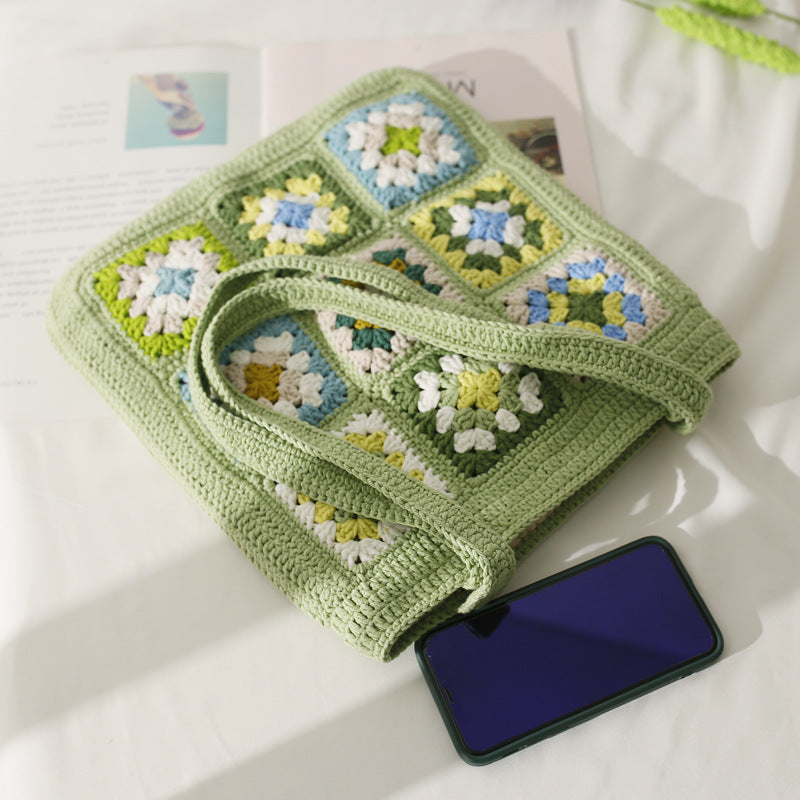 Hand-Woven Check Shoulder Bag Green Flower Stitching Tote