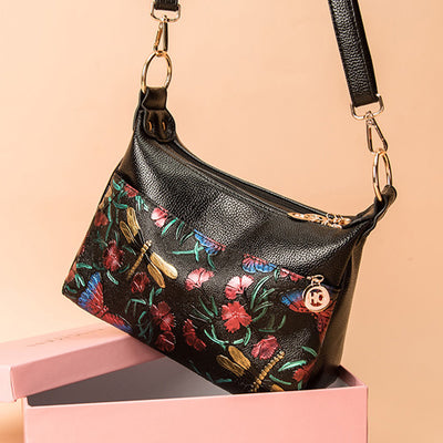 Floral Emblossing Crossbody Bag For Women Classic Leather Purse