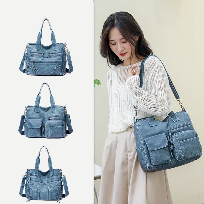 Denim Color Tote Handbags Big Capacity Faux Leather Shoulder Purse