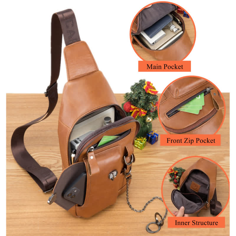 Sling Bag For Men Soft Layer Cowhide Leather Interlock Chest Bag