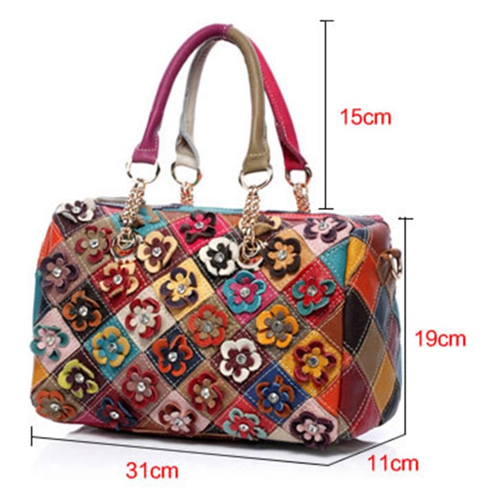 Genuine Leather Multicolor Flower Handbag