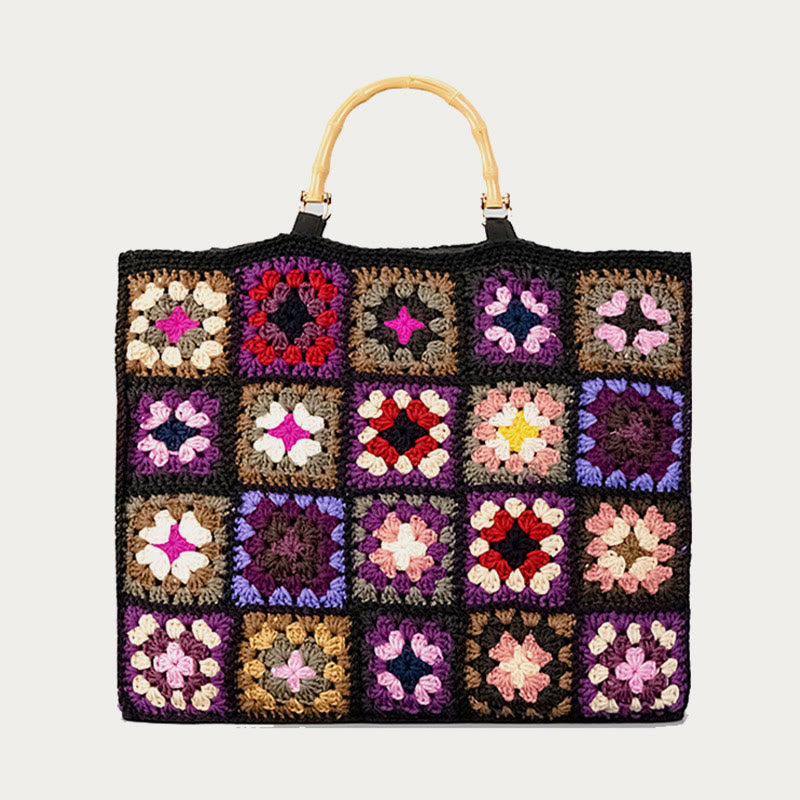 Knitted Floral Patchwork Tote Bamboo Handle Handbag