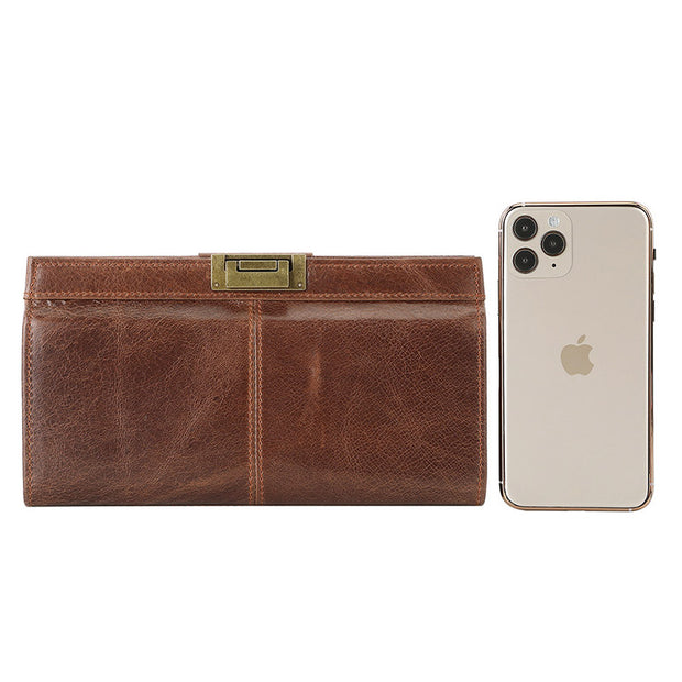 Retro Clutch Handbag for Women RFID Blocking Long Oil Wax Leather Wallet