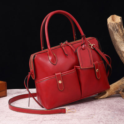 Retro Square Tote For Women Soft Oil Wax Leather Handbag