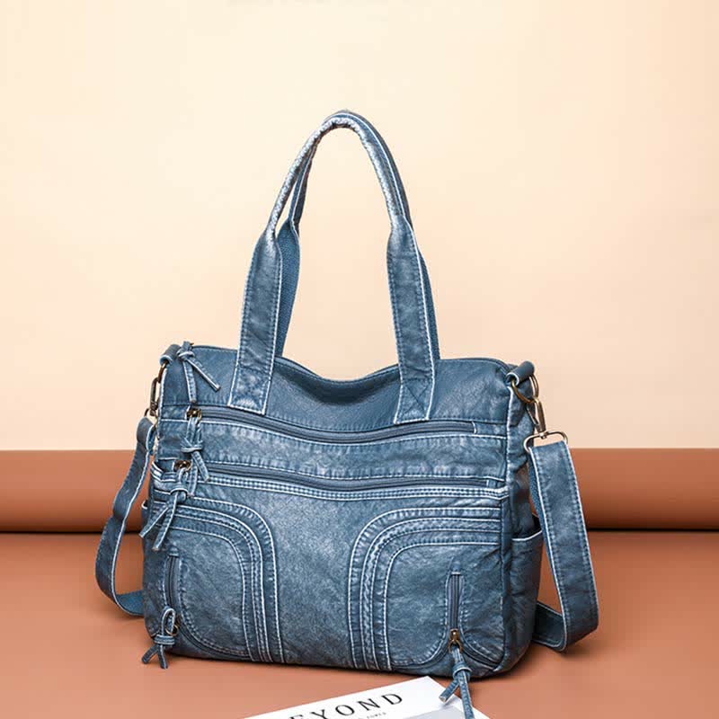 Denim Color Tote Handbags Big Capacity Faux Leather Shoulder Purse