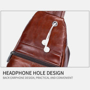 Genuine Leather Sling Chest Bag with Earphone Hole